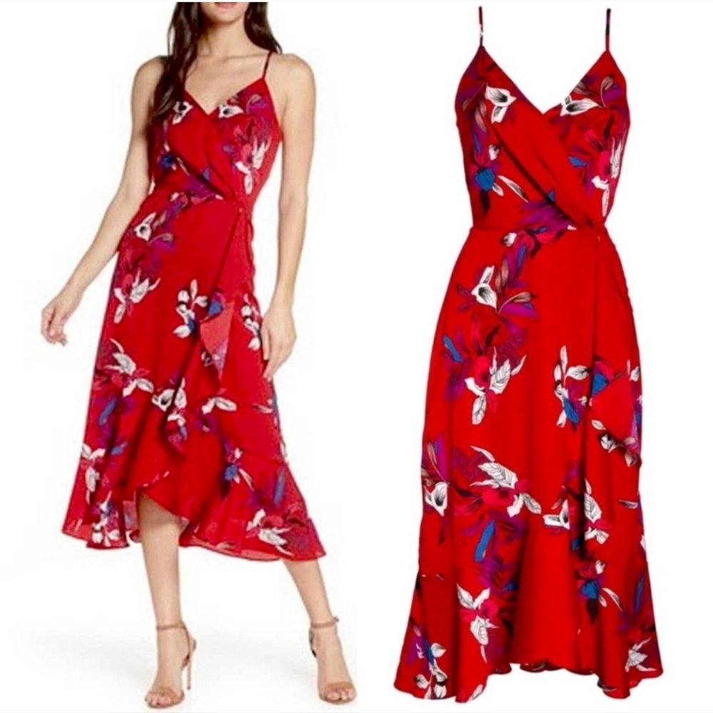 Red Floral Faux Wrap Midi Dress